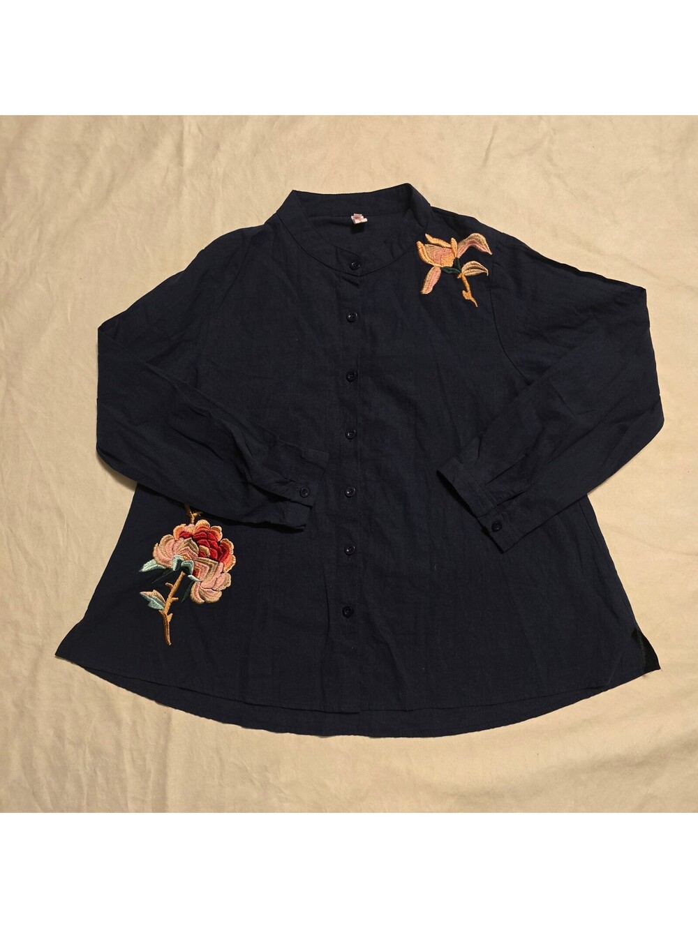 Navy Blue Cotton Button-Up Shirt with Floral Embroidery